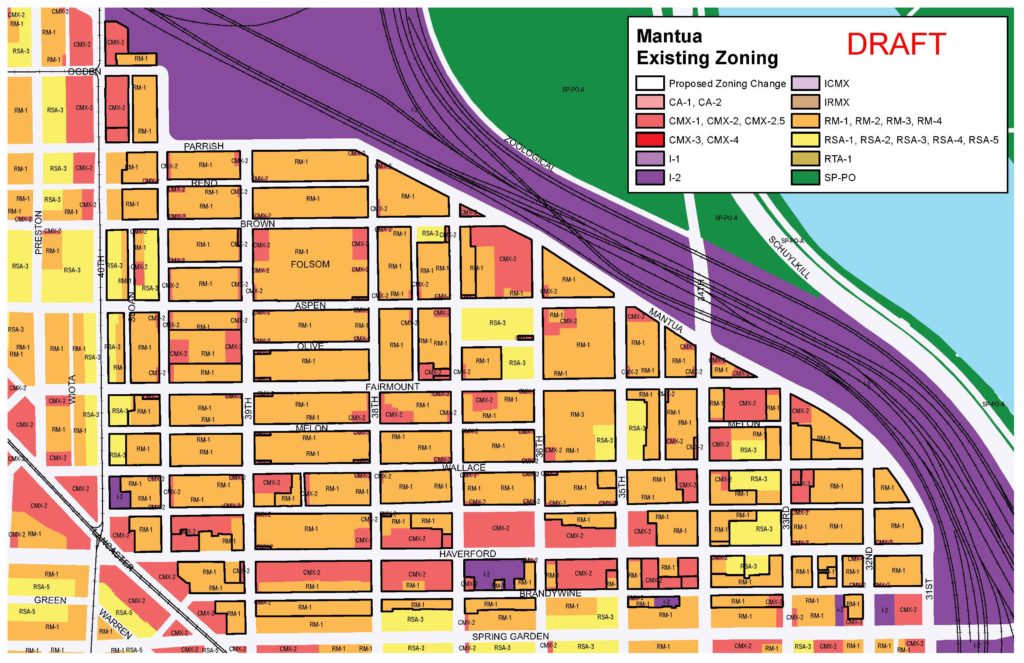Existing Zoning for Mantua. Orange parcels are zoned multi-family.