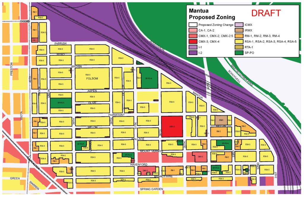 Proposed Re-Zoning for Mantua. Yellow parcels are zoned single-family. 